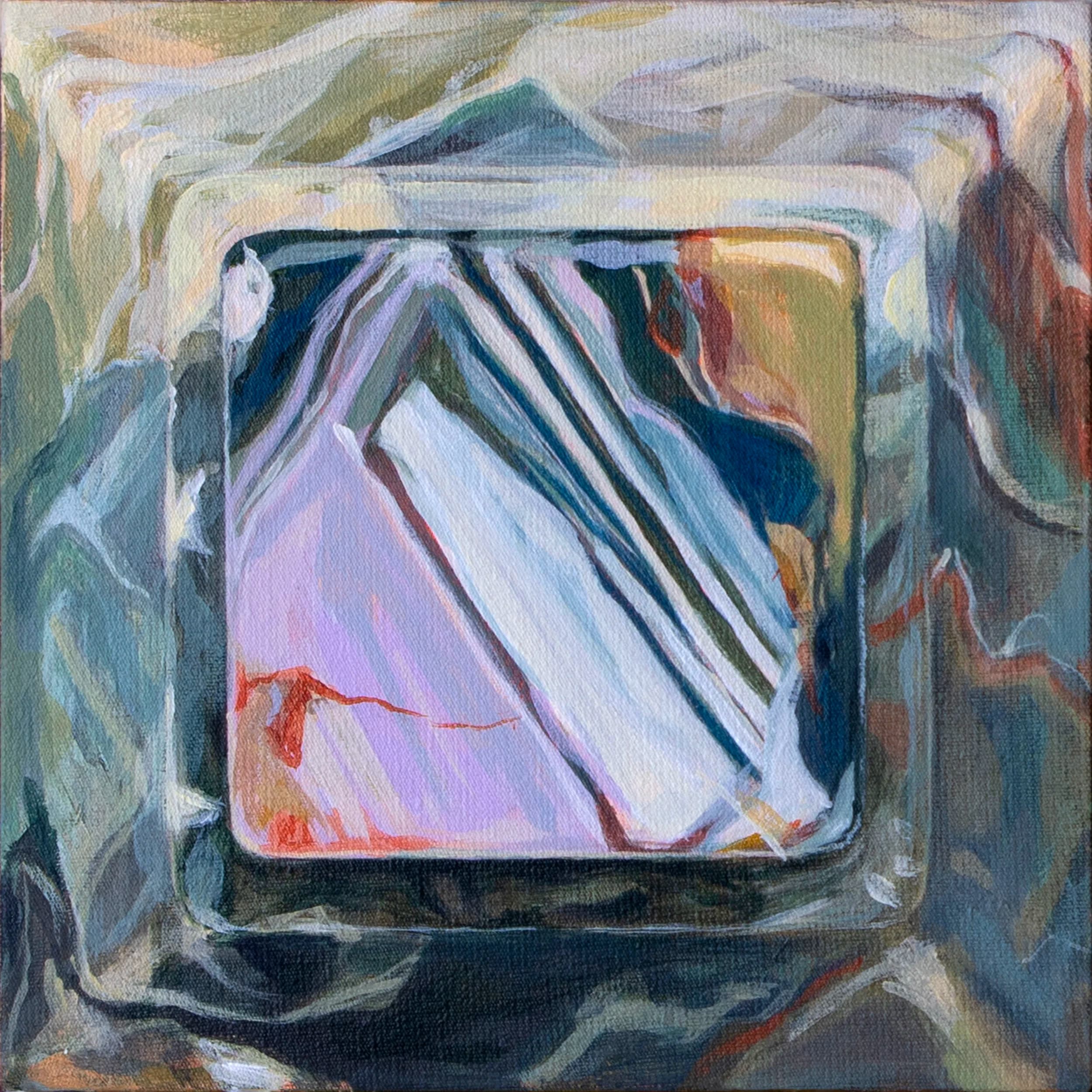 Small painterly study of a reflective rectangular object with folded pale forms inside.