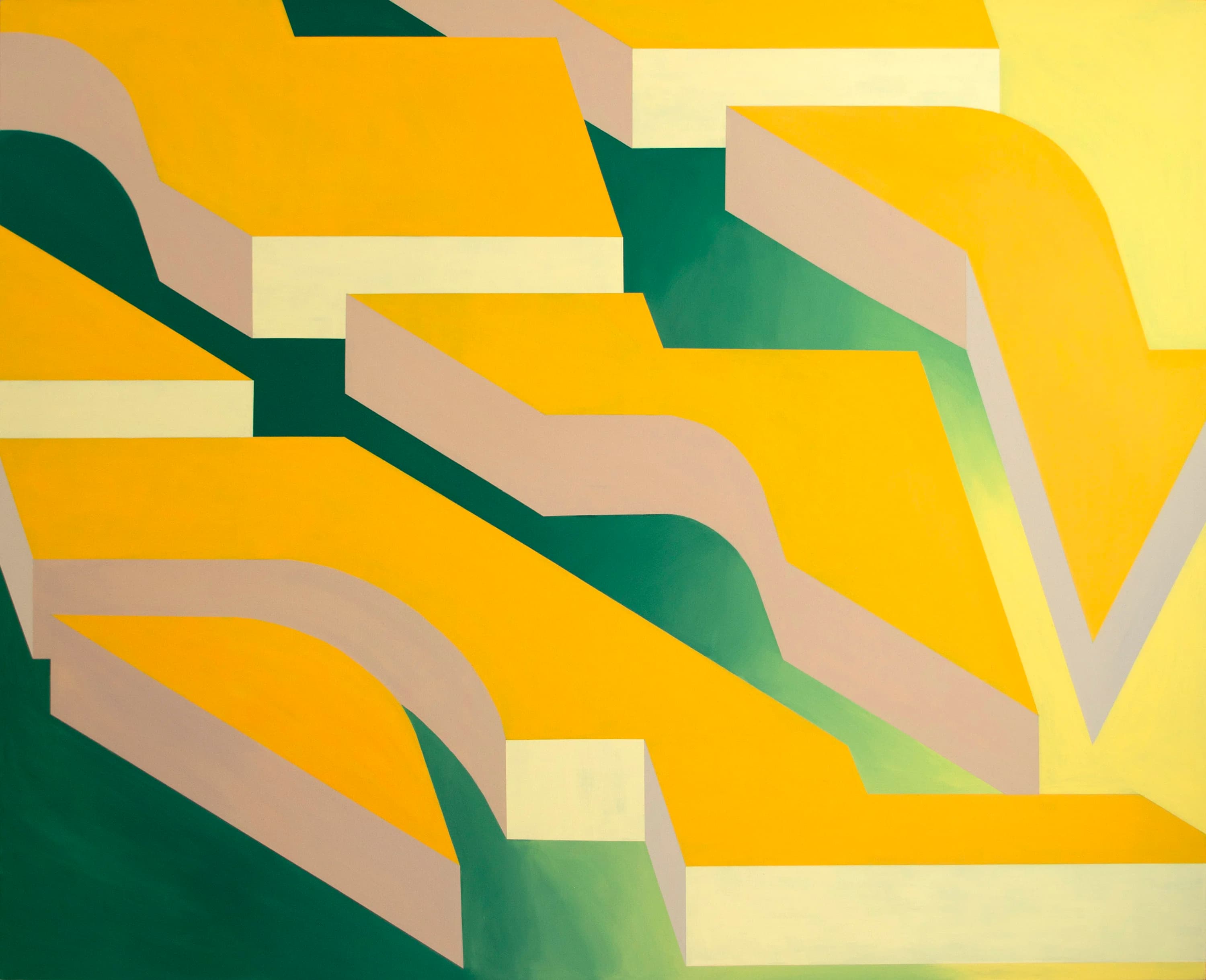 Interlocking yellow architectural bands with pale sides crossing a deep green ground.
