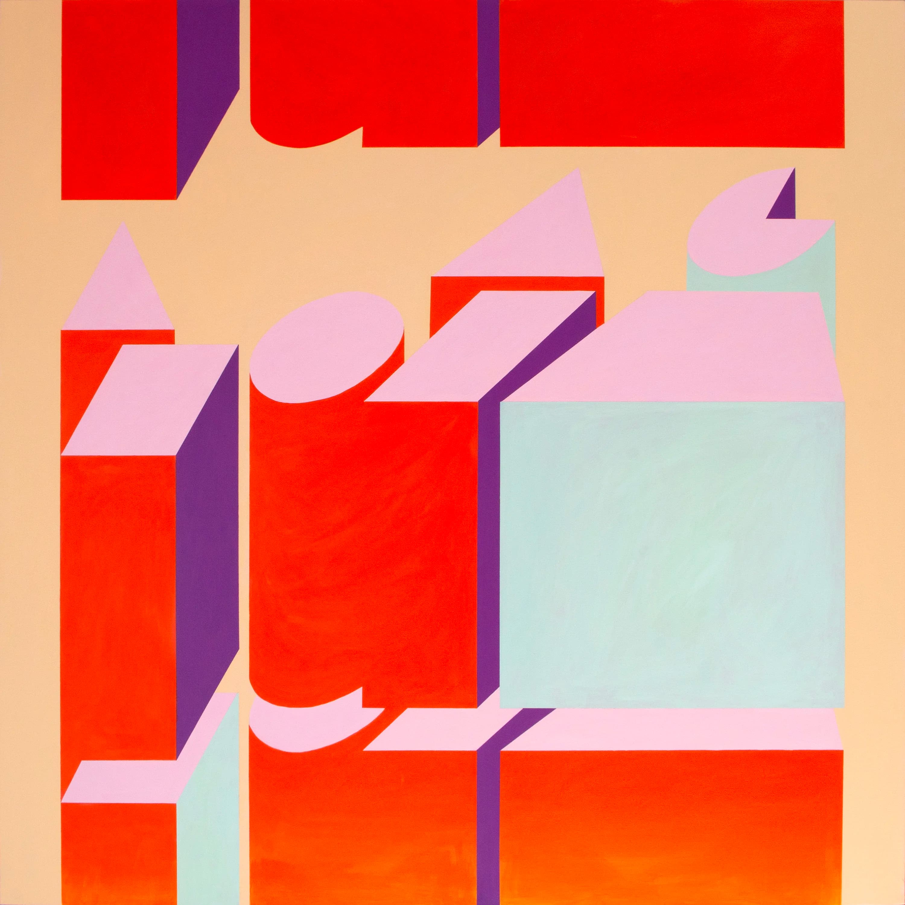 Red, pink, mint, and purple geometric forms on a beige background.