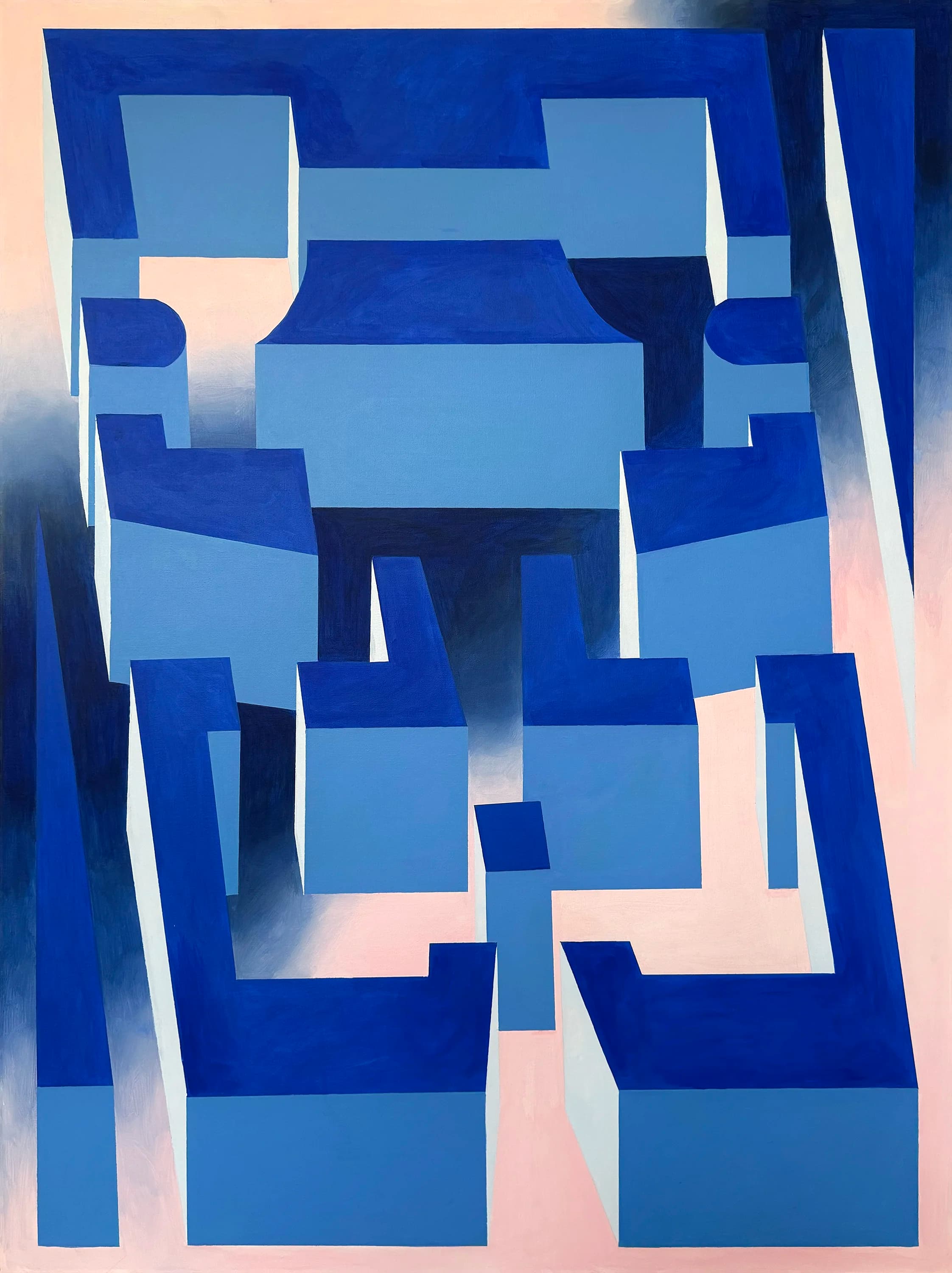 Blue geometric architectural forms on a pale pink background.