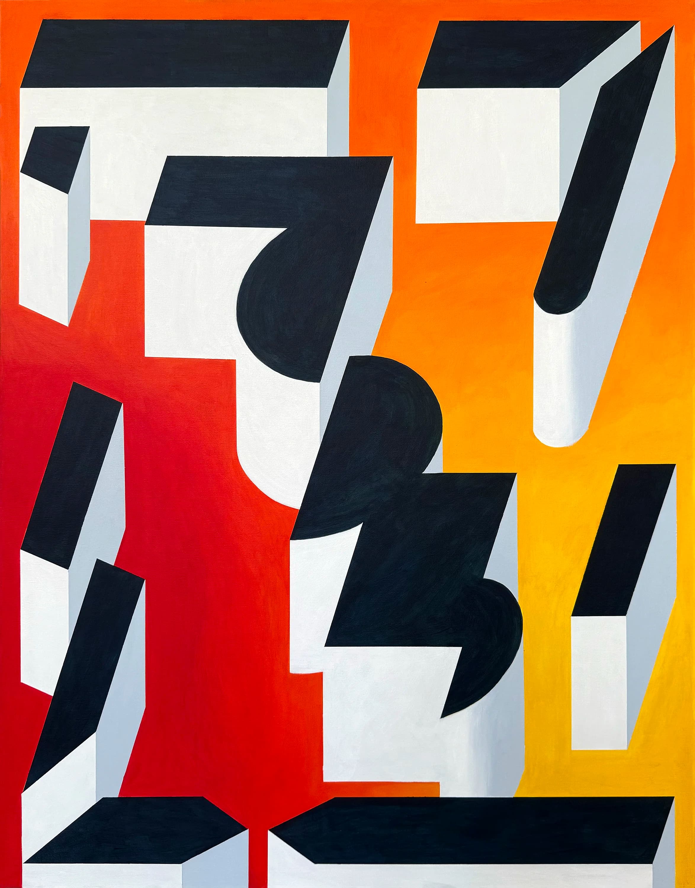 Black and white geometric forms on a red and yellow background.