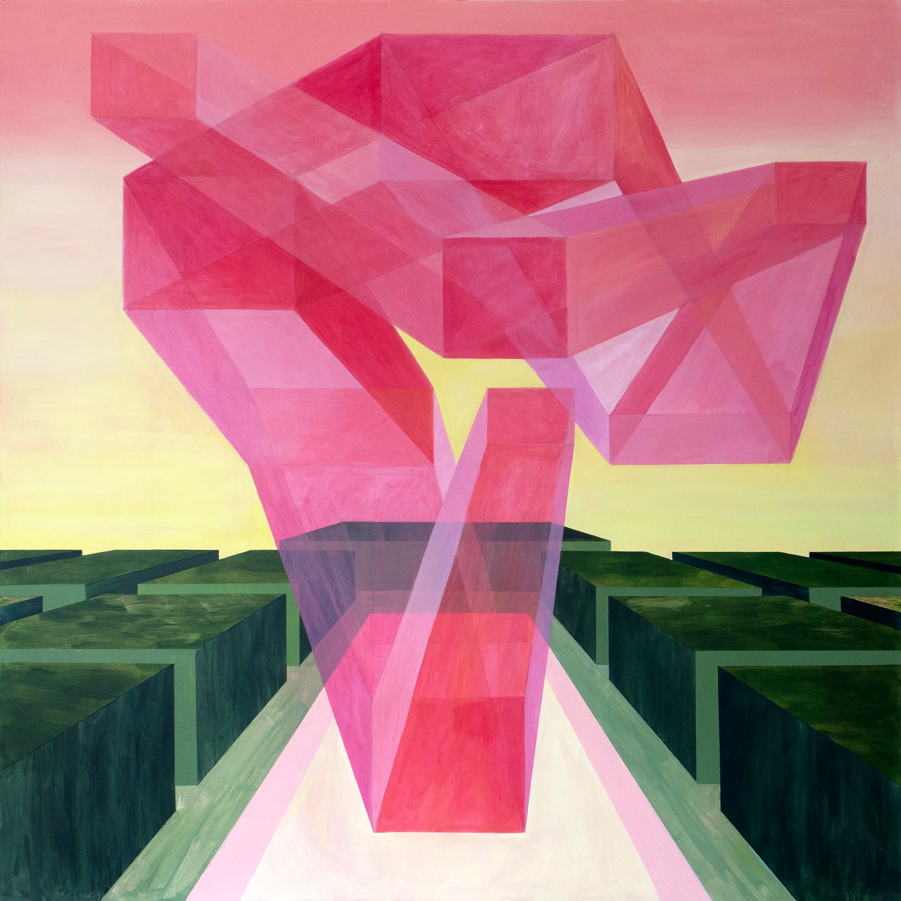 Transparent pink geometric structure hovering above dark green block-like forms.