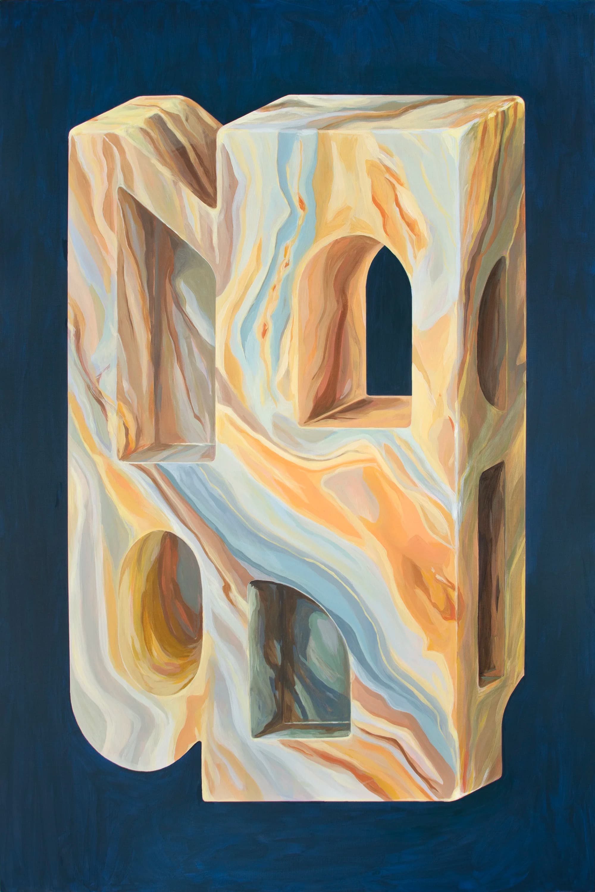 Organic marble-like architectural block with arched openings on a dark blue background.