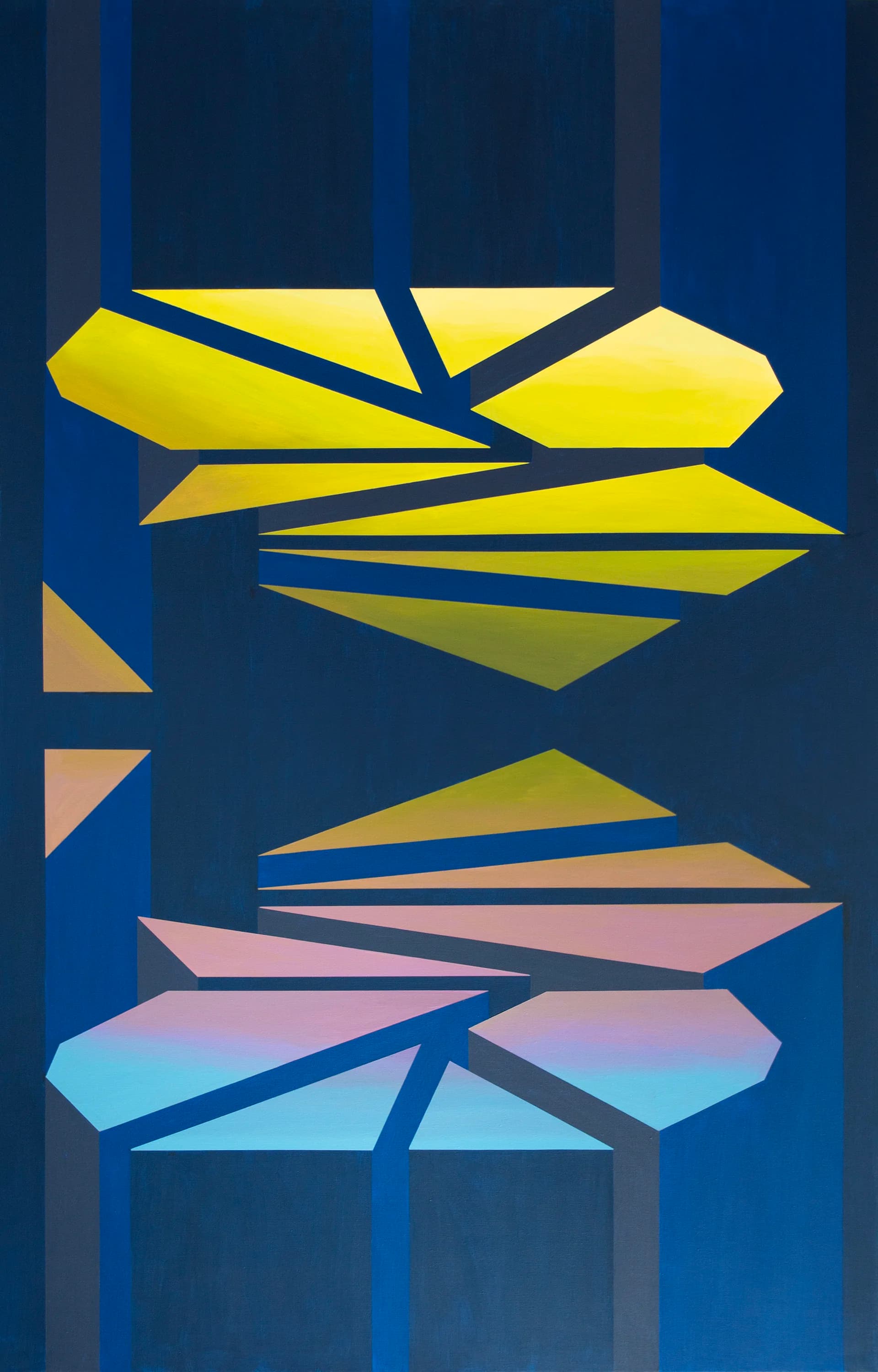 Dark blue vertical composition divided by sharp yellow, pink, and pale blue geometric planes.