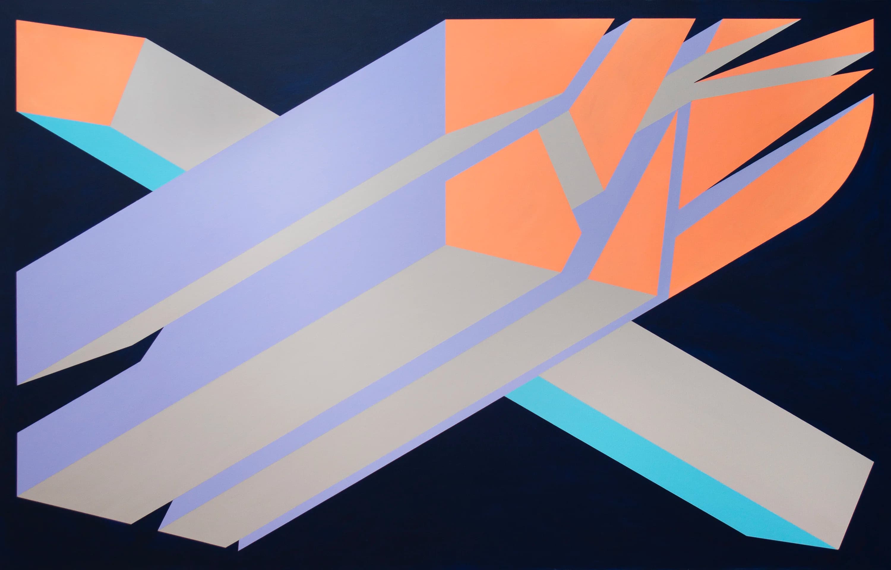 Intersecting lavender and grey beams with coral planes on a deep navy background.