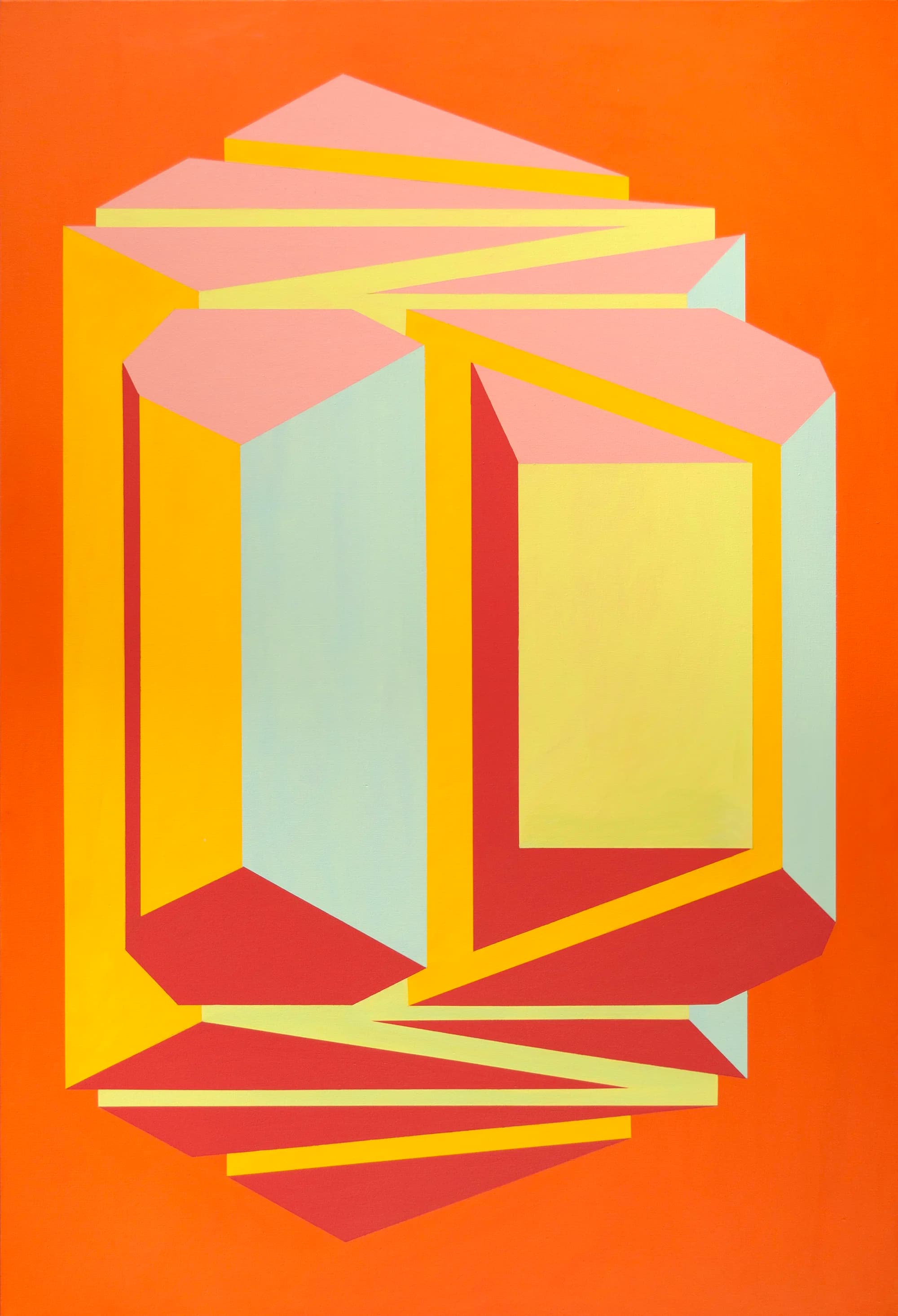 Layered orange, pink, yellow, and mint geometric frame forming a compact architectural volume.
