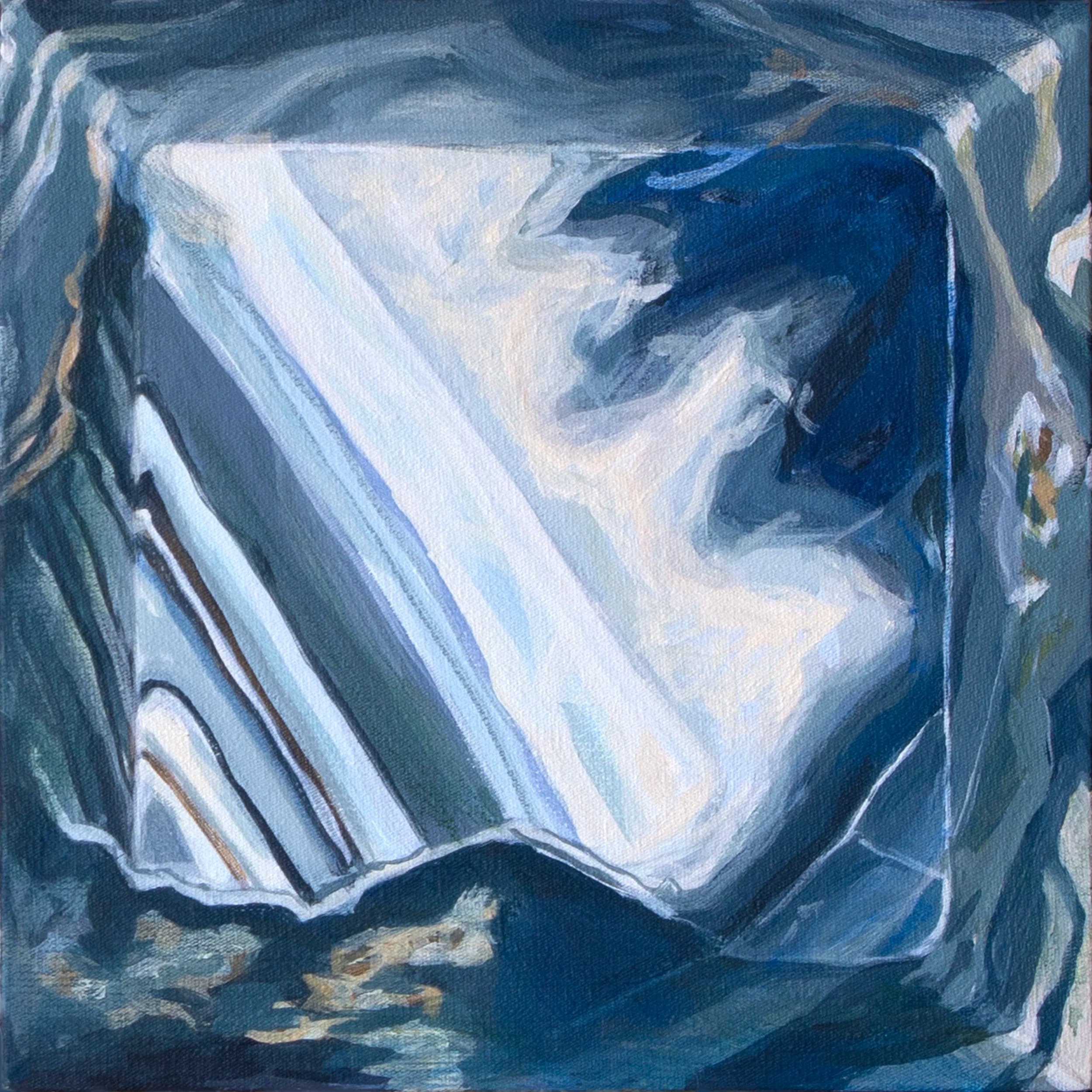 Small painterly study of a crumpled reflective object in cool blue-grey tones.