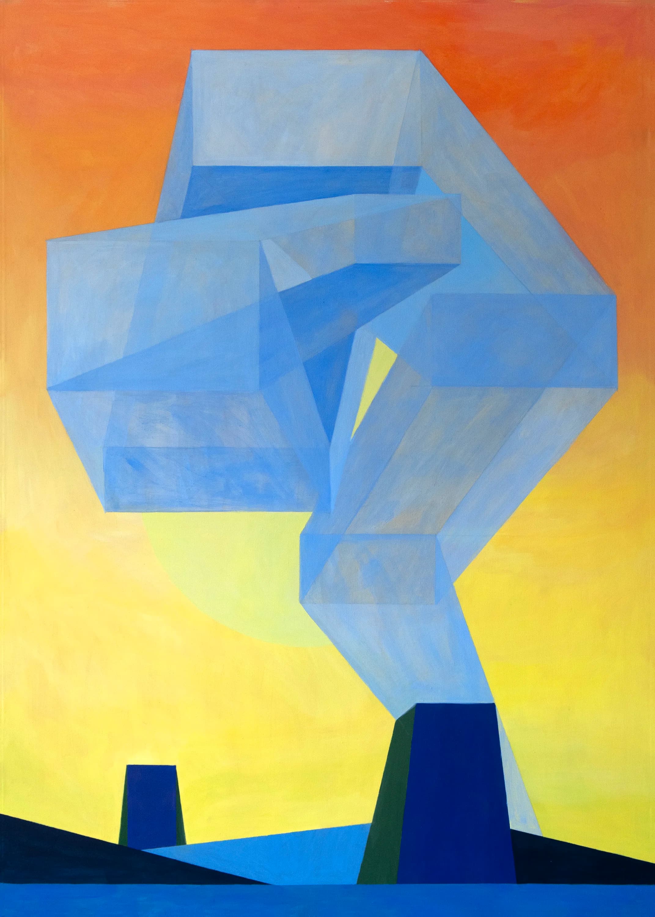 Translucent blue geometric mass suspended above dark blocks against an orange and yellow sky.