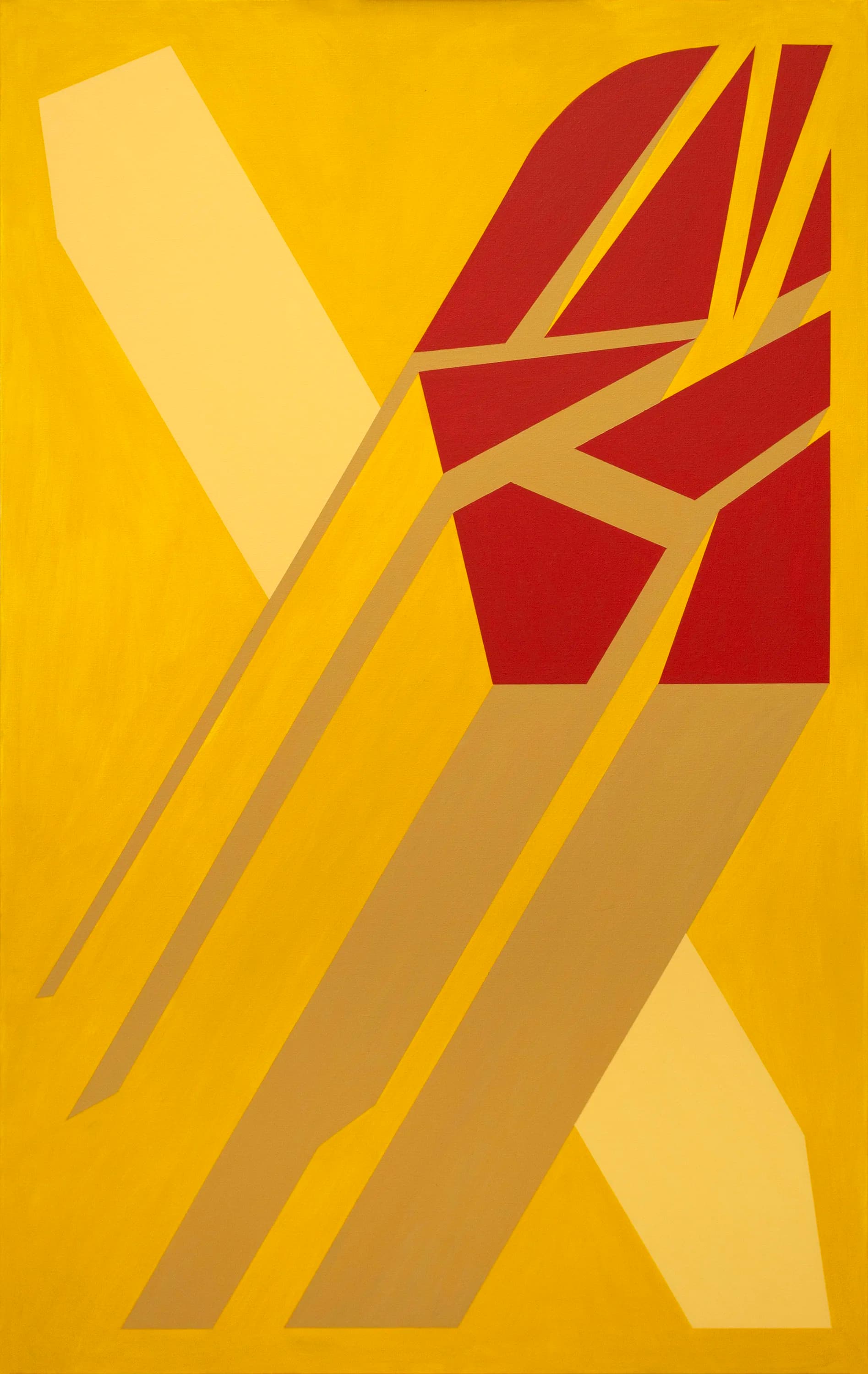 Red faceted form and long ochre beams crossing a saturated yellow field.