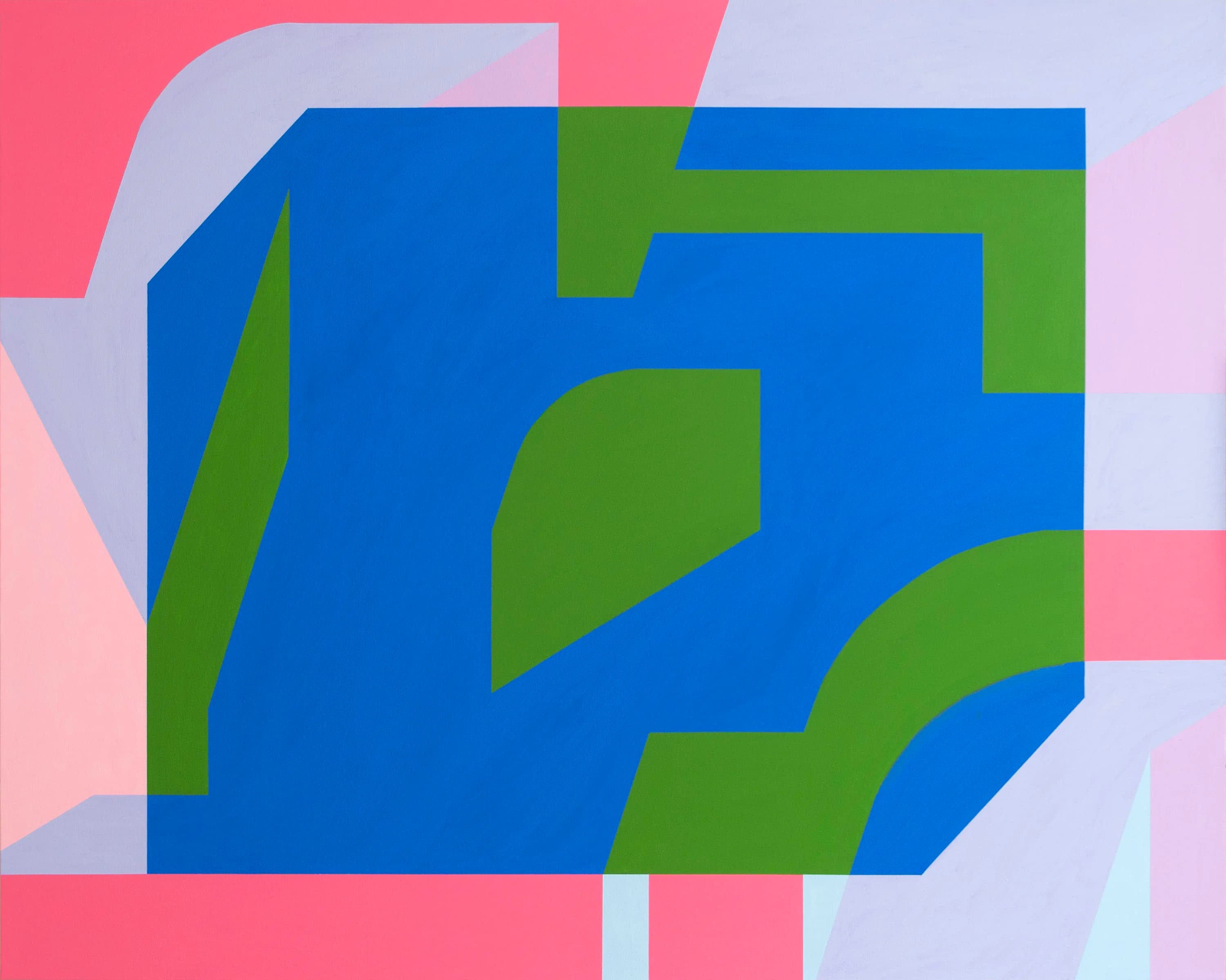 Bold blue and green abstract structure set against overlapping pink and pale geometric fields.