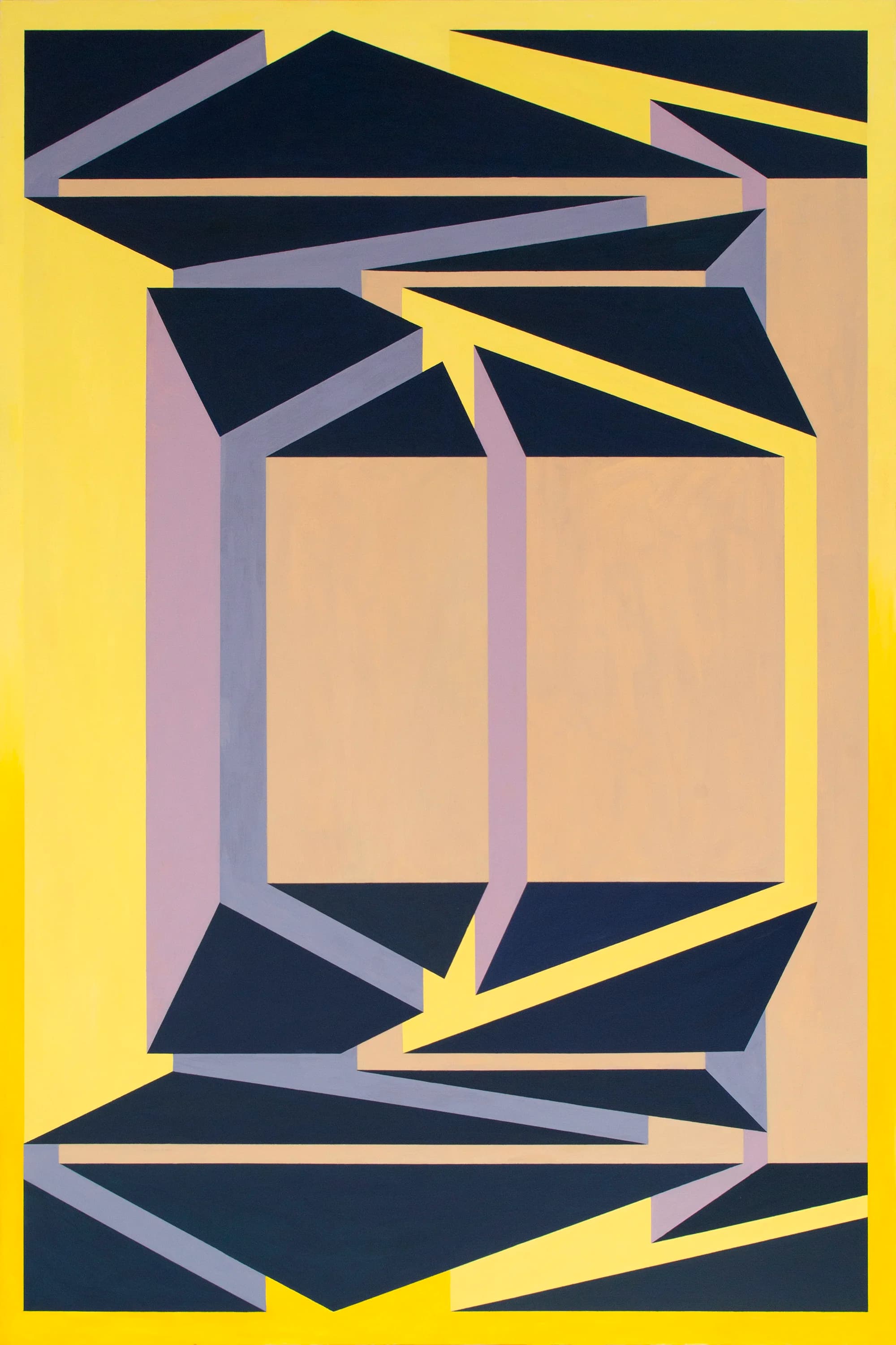 Dense arrangement of dark angular roofs and pale block-like volumes on a yellow ground.