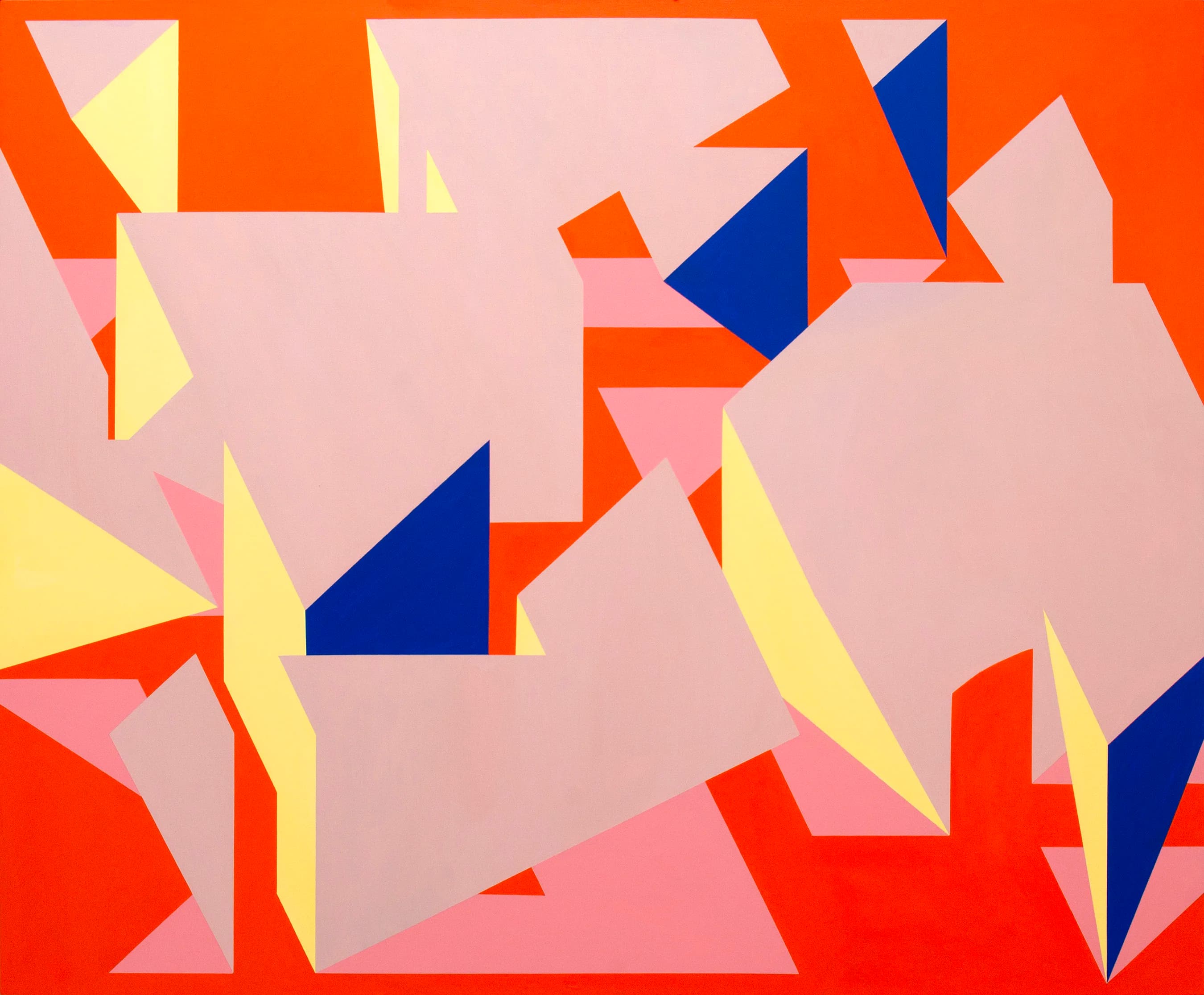 Fragmented pale pink architectural planes with blue and yellow facets on a vivid orange ground.