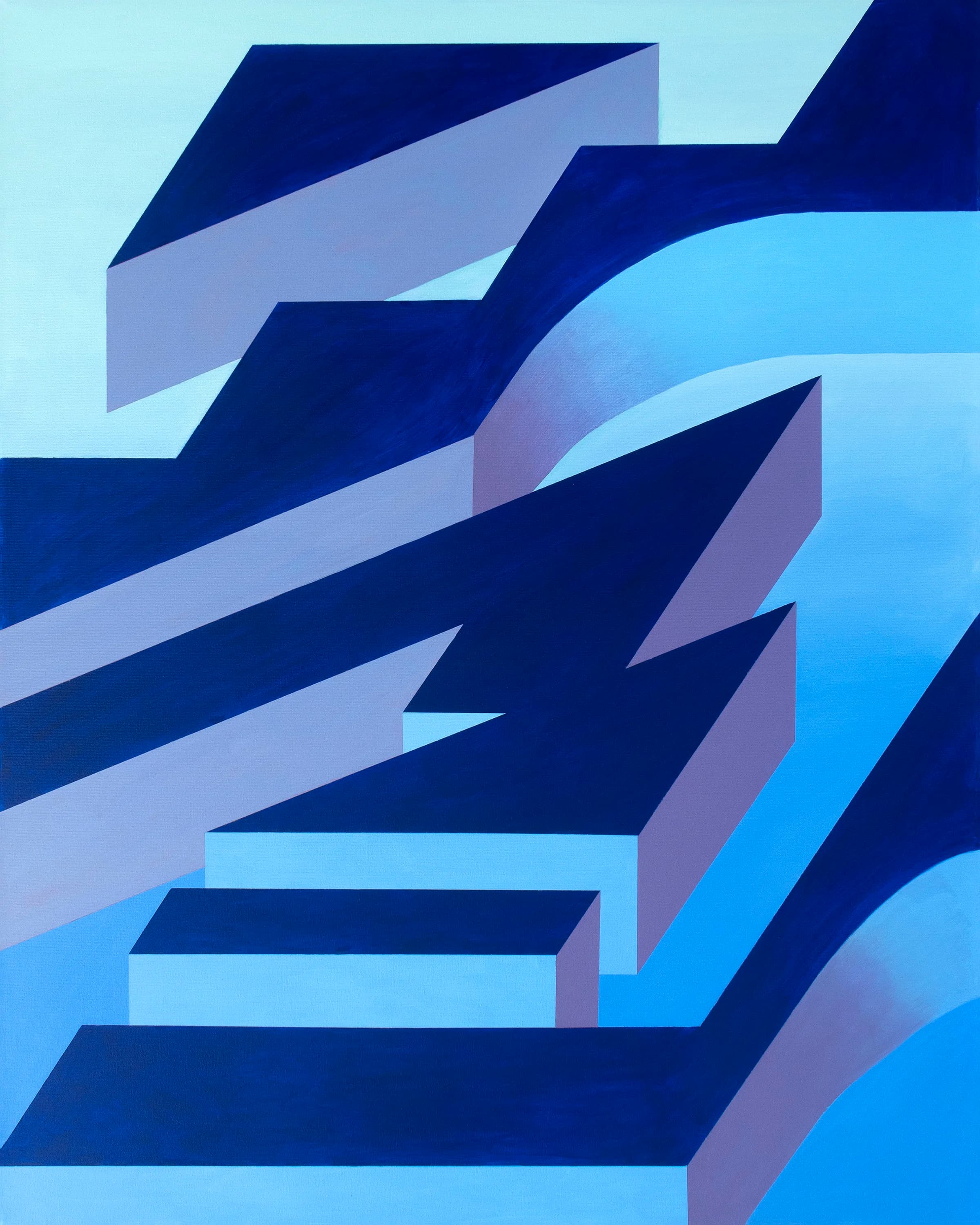 Layered blue architectural forms with sweeping curves and sharp diagonal edges.