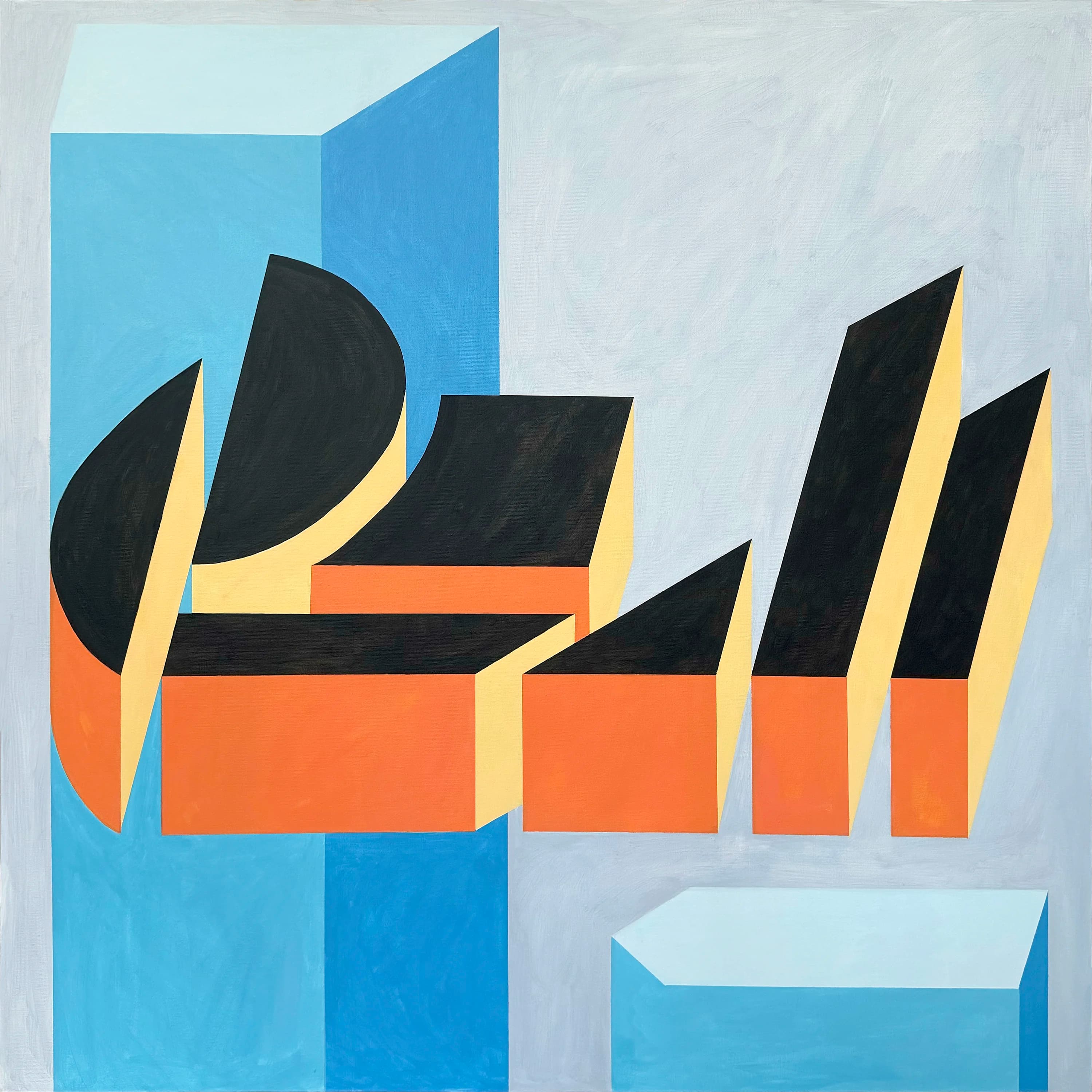 Abstract urban composition with black angular forms, orange blocks, and blue architectural planes.