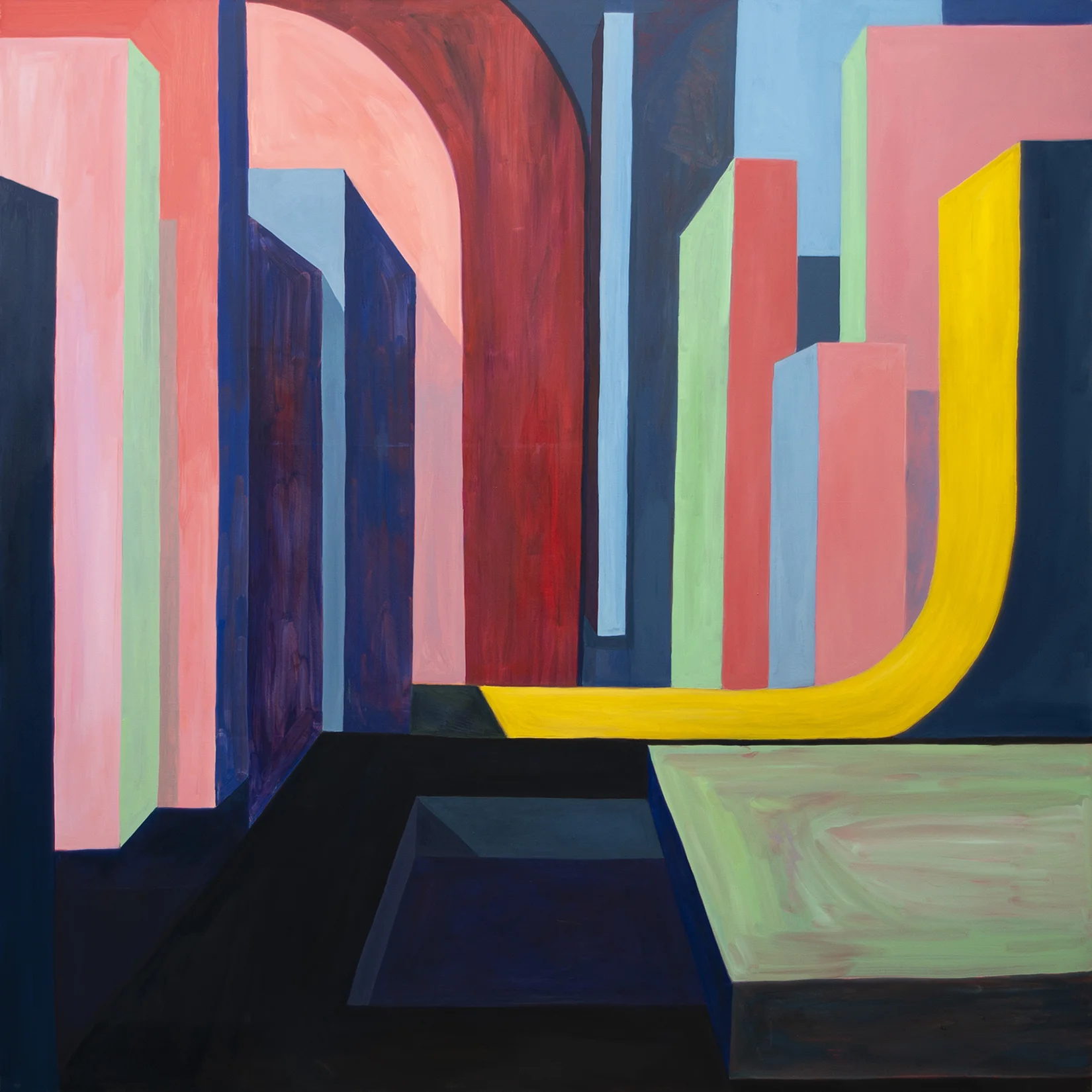 Dense angular fragments form a compressed city-like structure in muted tones.