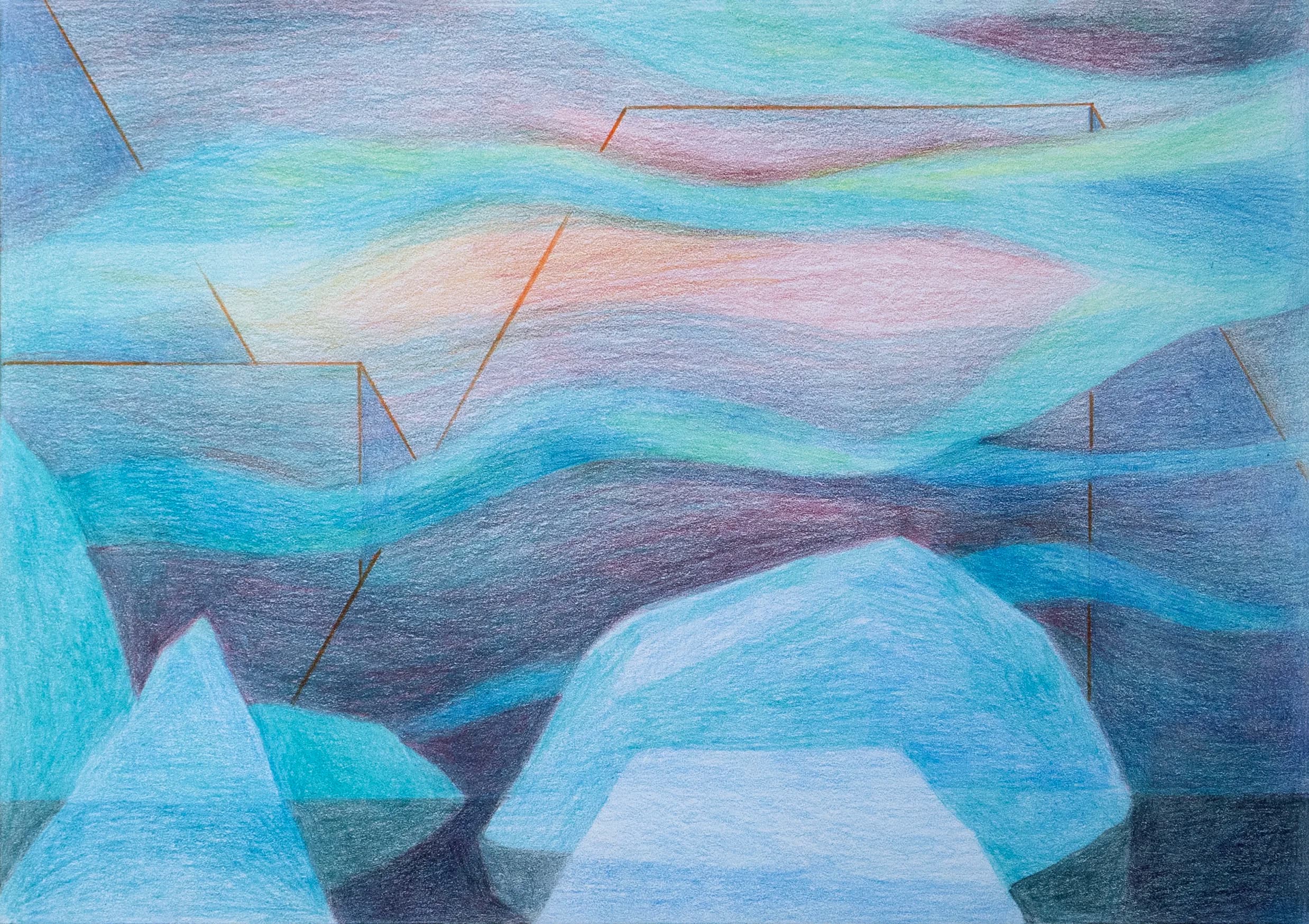 Colored pencil drawing with angular geometric forms arranged on paper.