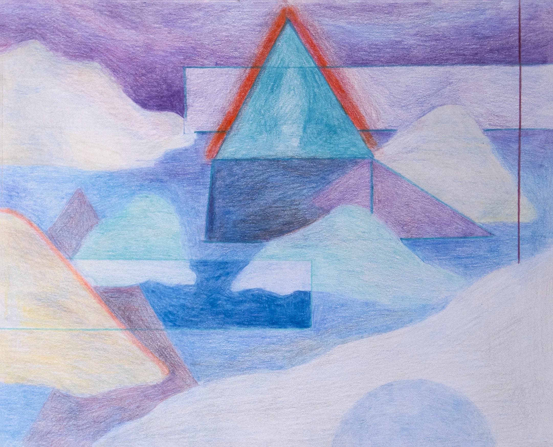 Colored pencil drawing with compact architectural shapes and diagonal planes.
