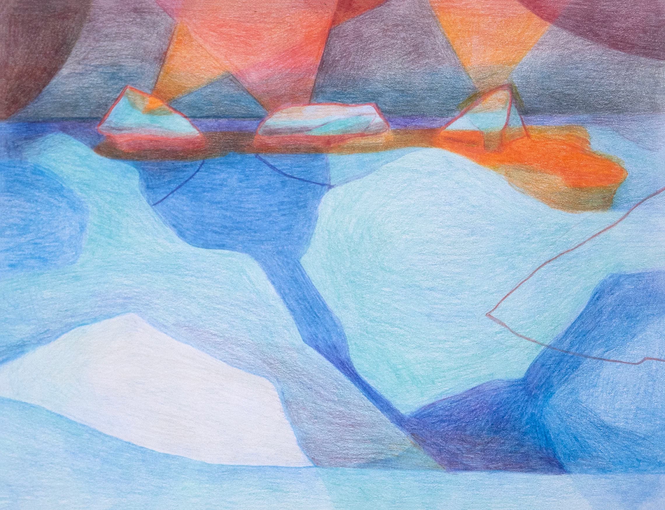 Colored pencil drawing of layered geometric elements on a light paper ground.