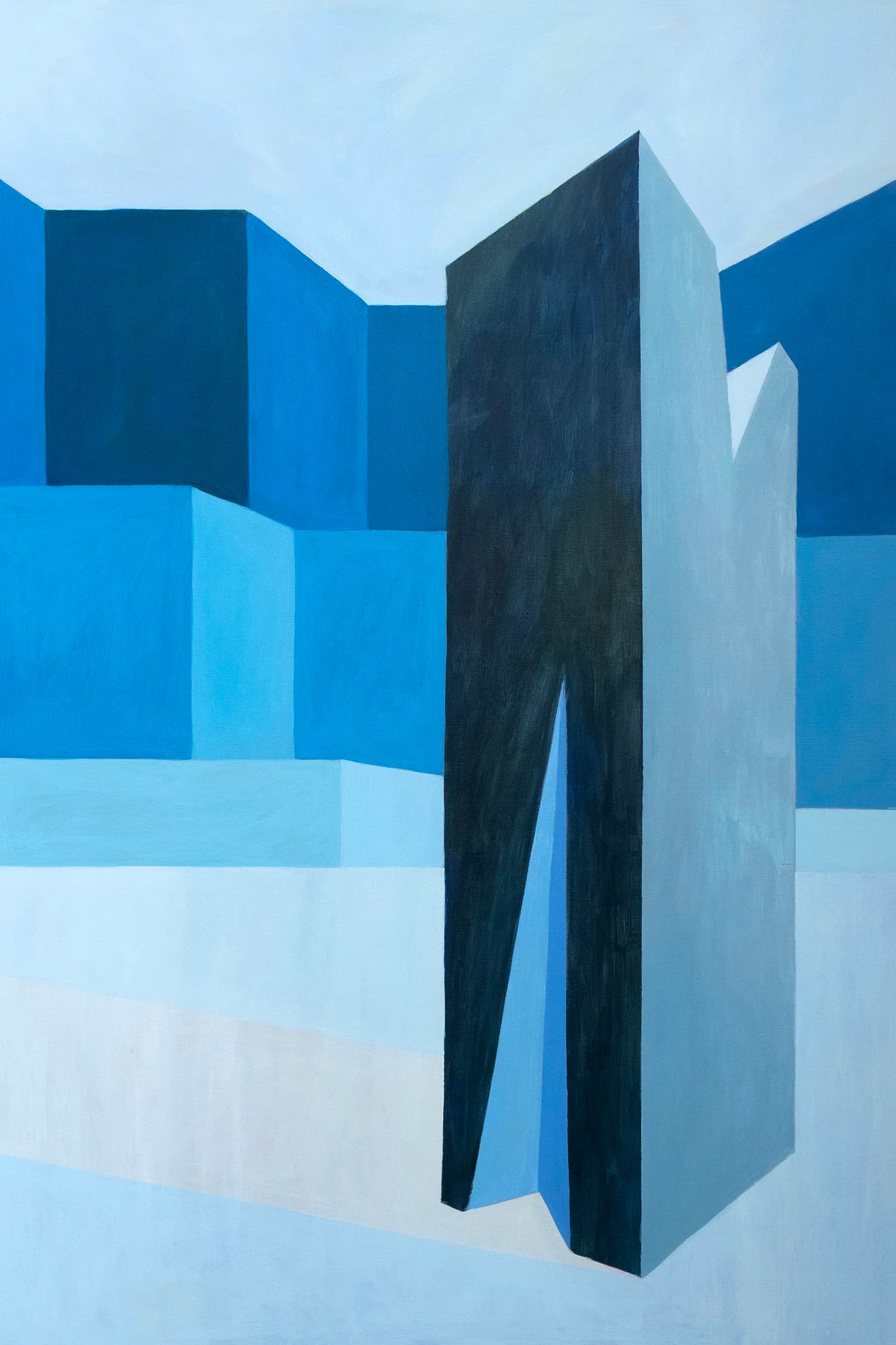 Cool blue and white crystalline forms rise in a narrow vertical composition.