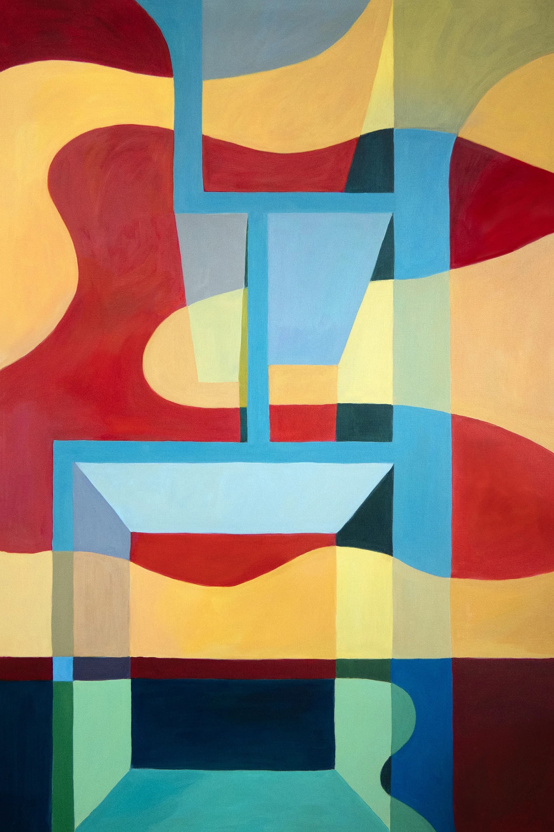 Warm orange and yellow fields surround a repeated sun-like geometric motif.