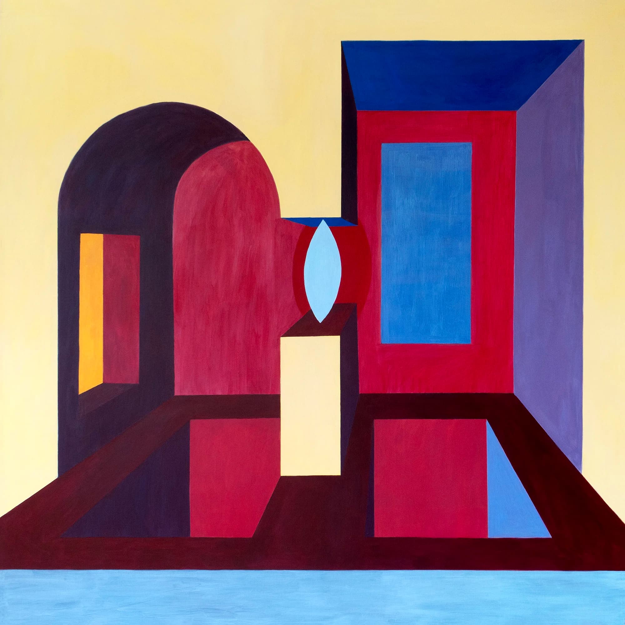 Red, violet, and blue architectural forms interlock on a pale yellow ground.