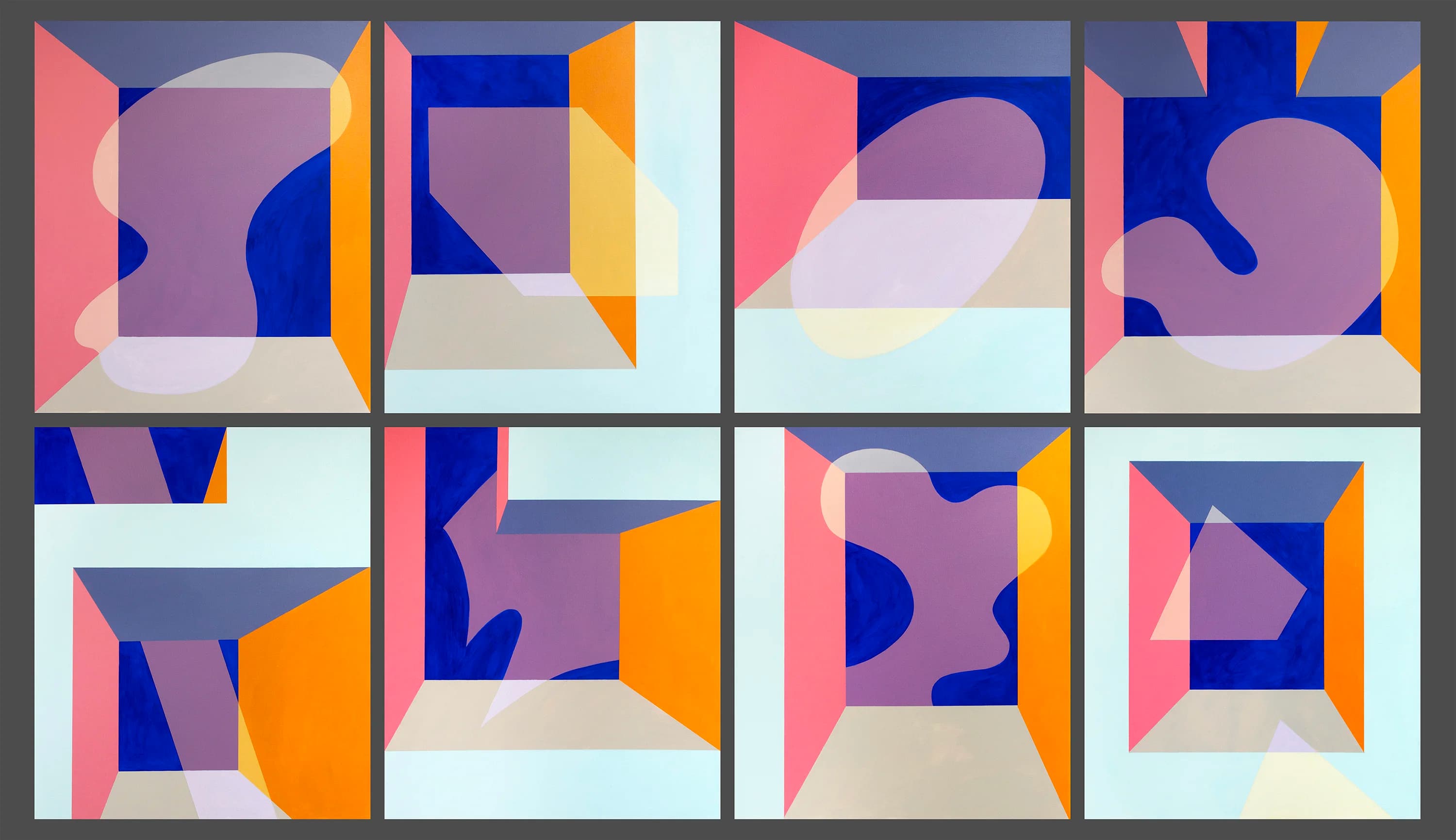 A row of canvas segments with red, blue, and violet architectural forms arranged as a polyptych.