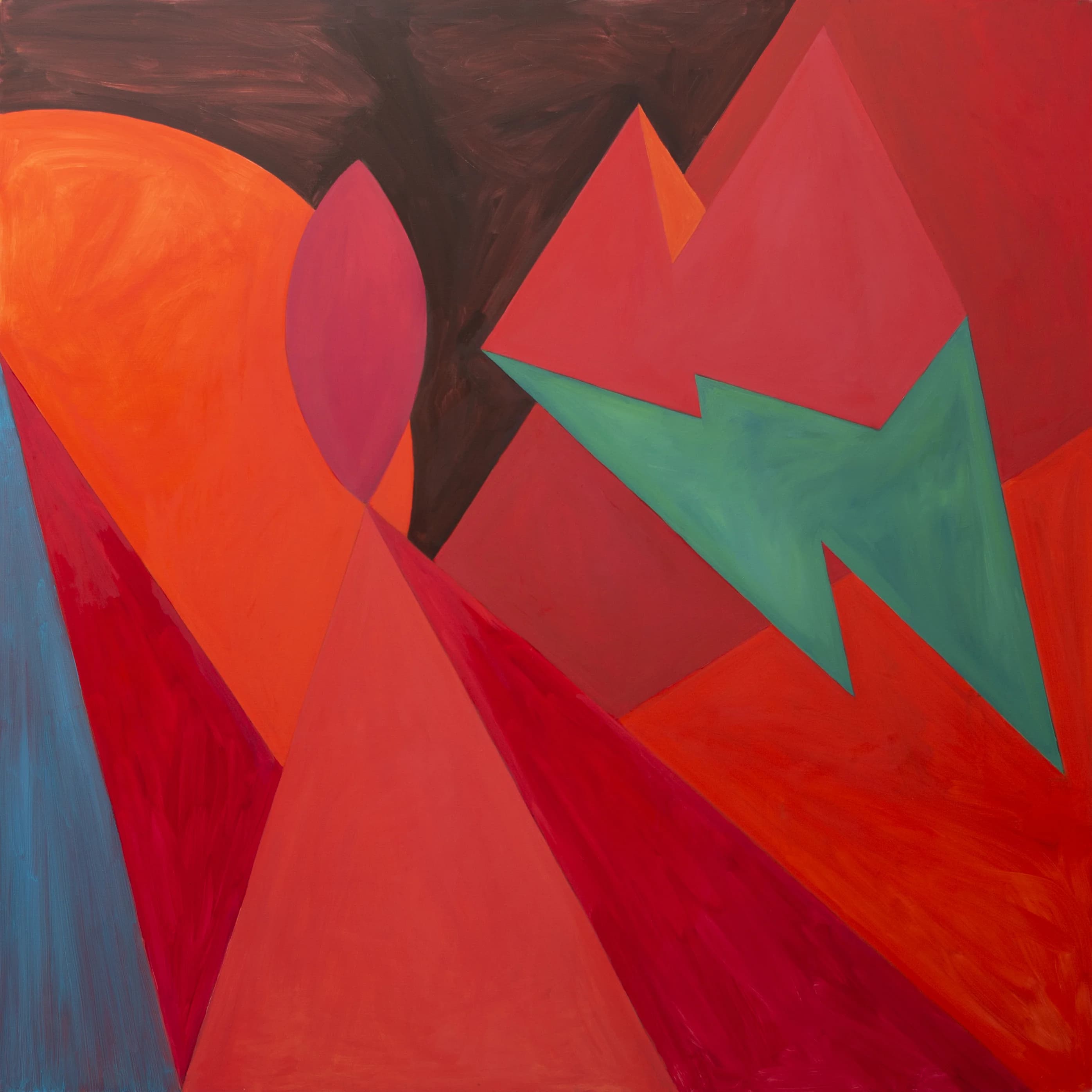 Red and pink geometric elements press into a pale field with sharp blue accents.