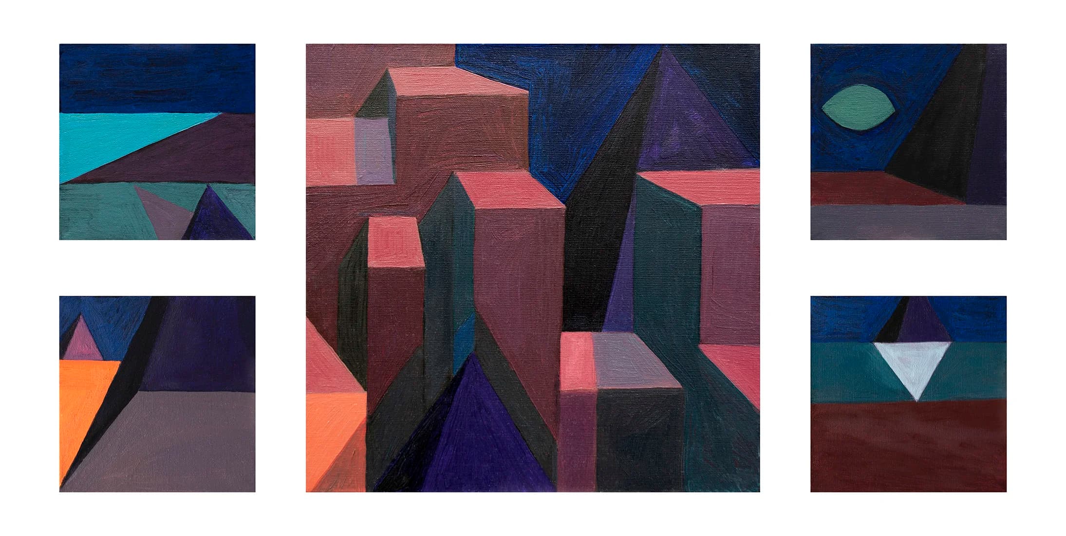 Five dark blue and yellow geometric paintings arranged as one horizontal composition.
