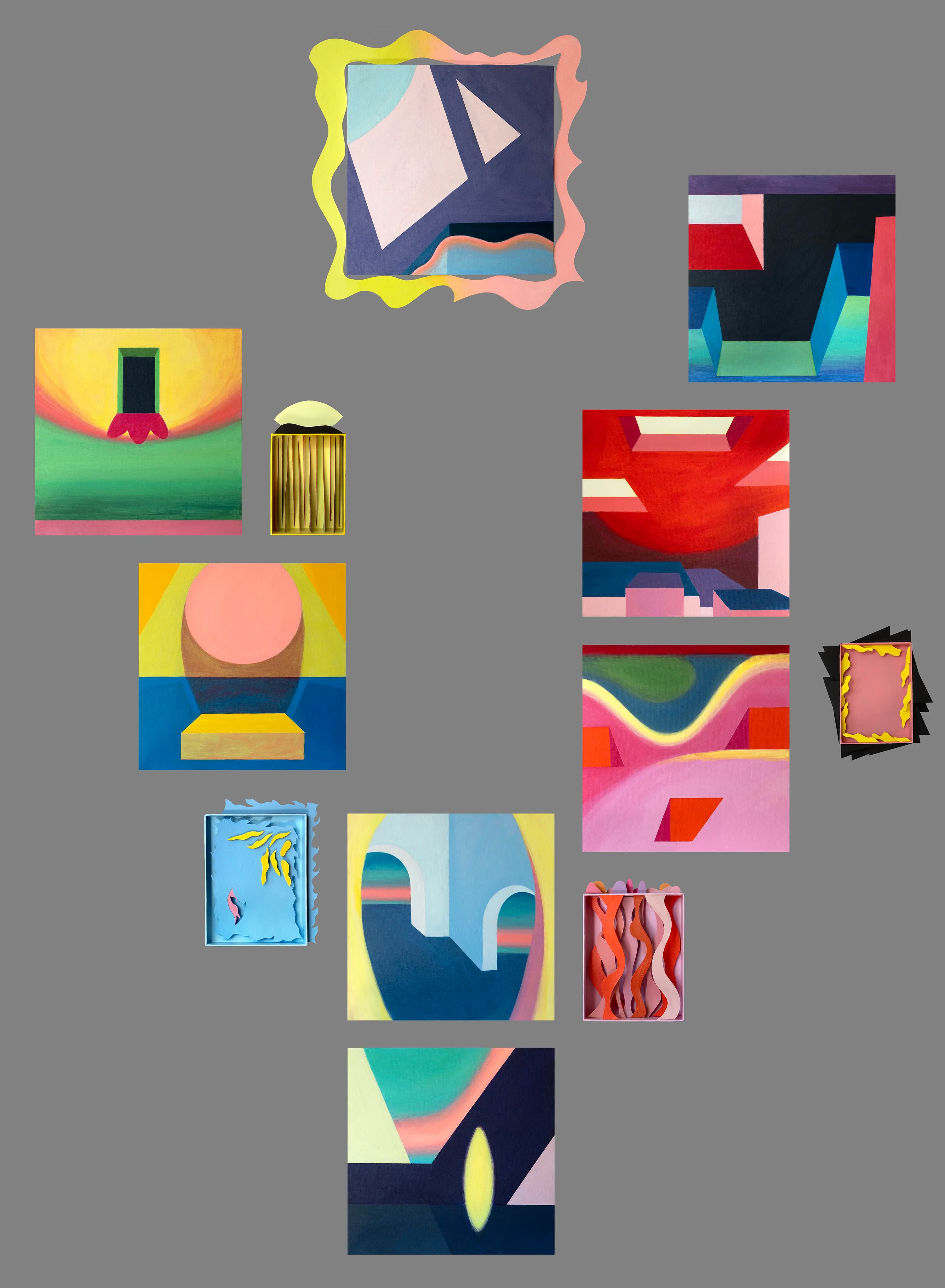 Polyptych with acrylic on canvas, carton, and plexiglass.