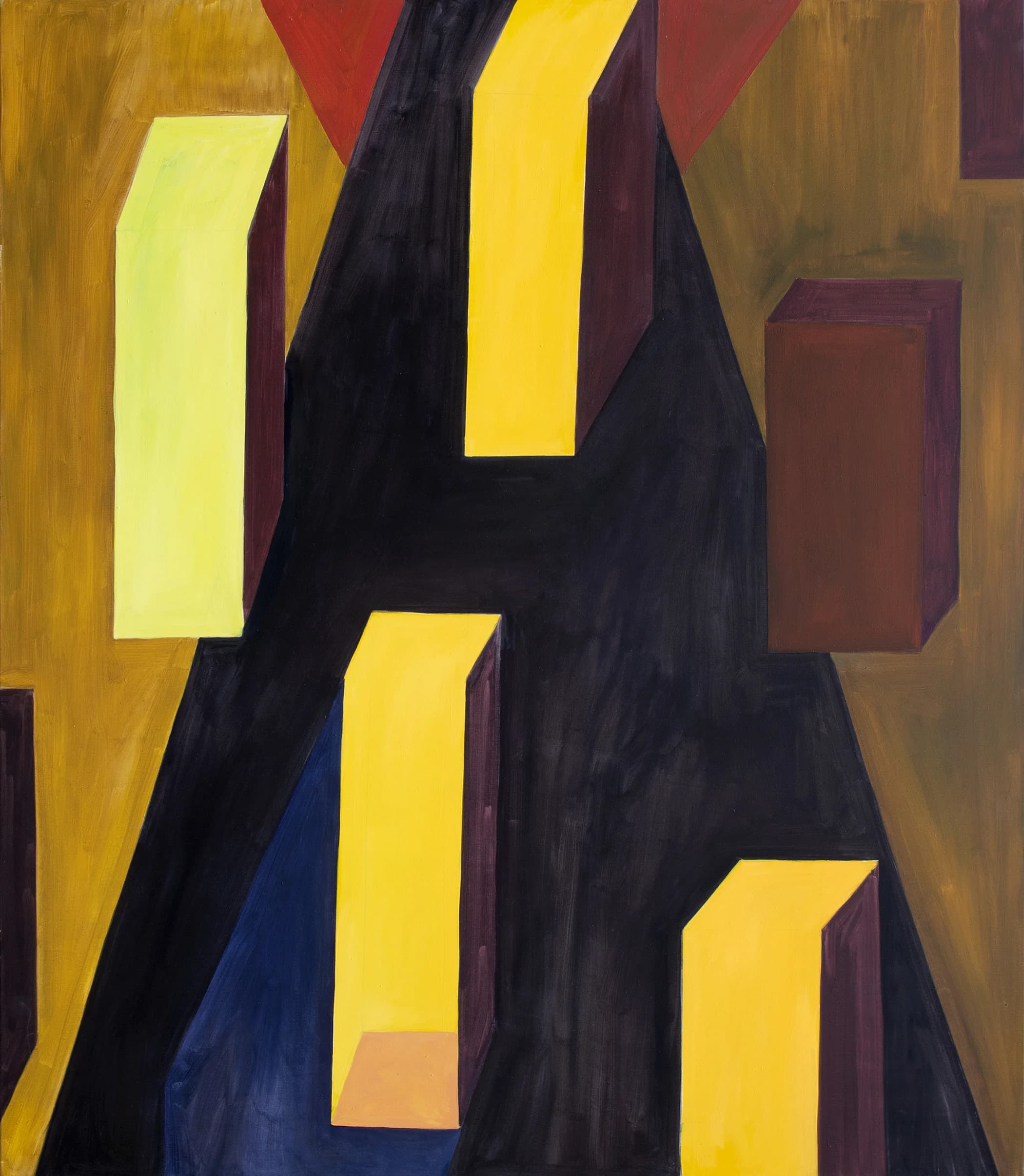 Stacked geometric shapes suggest stored objects or folded architectural fragments.