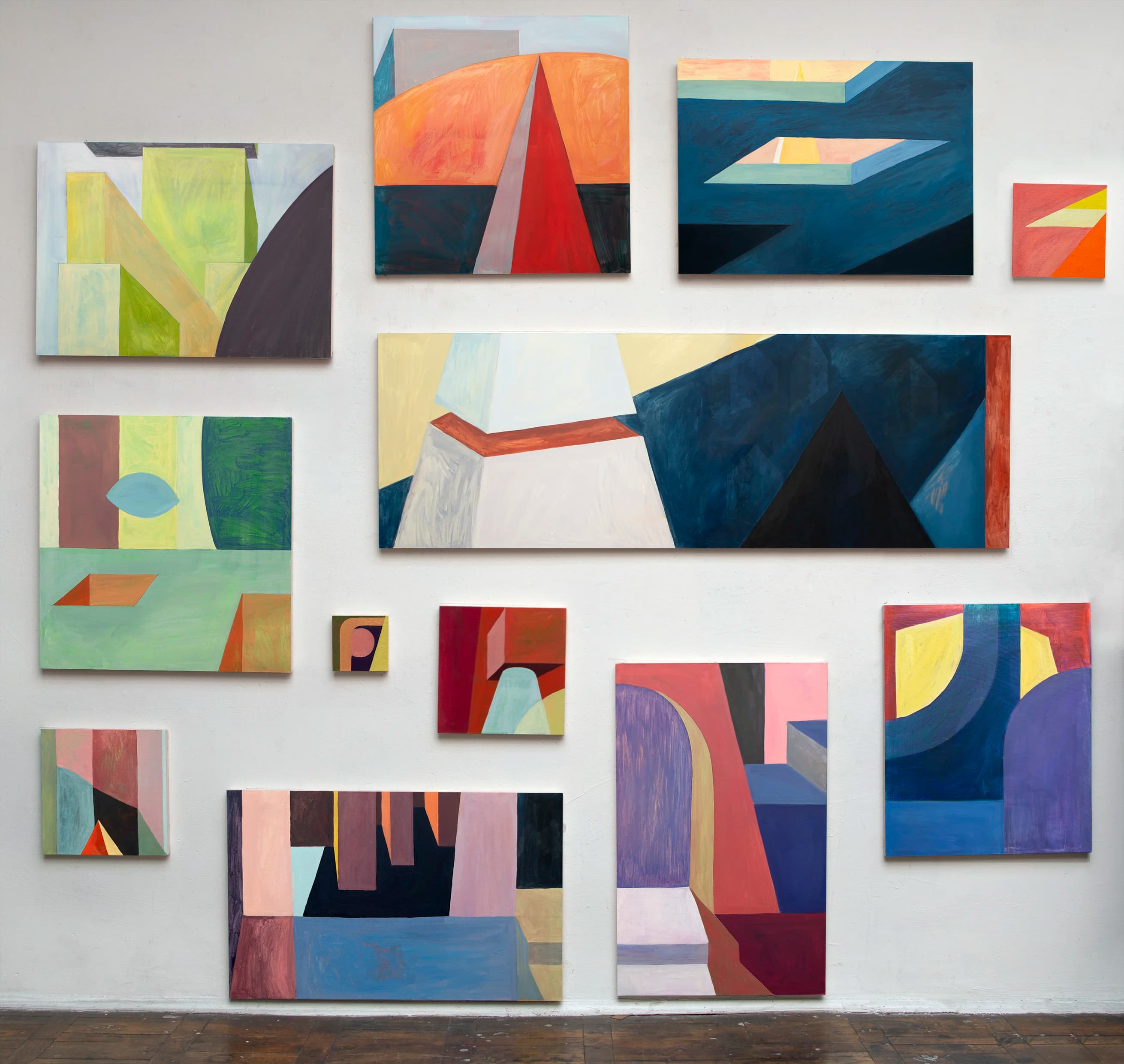 Polyptych of muted oil paintings with repeated block-like forms and soft atmospheric spaces.