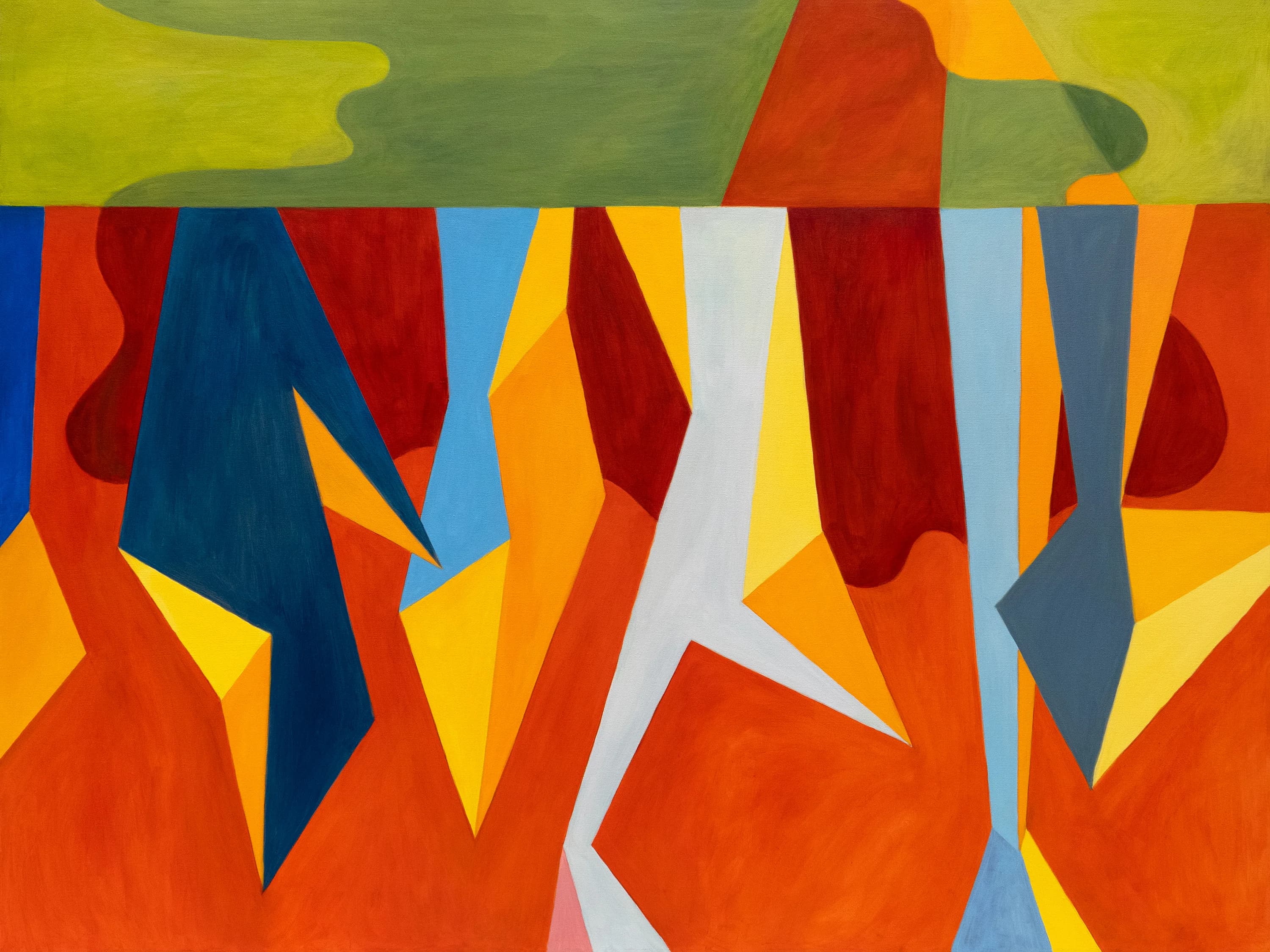 Horizontal bands and root-like geometric fragments spread across a layered field.
