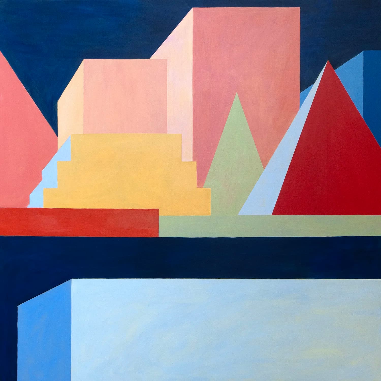 Pale architectural forms sit against red and green fields, suggesting a fragmented waterfront structure.