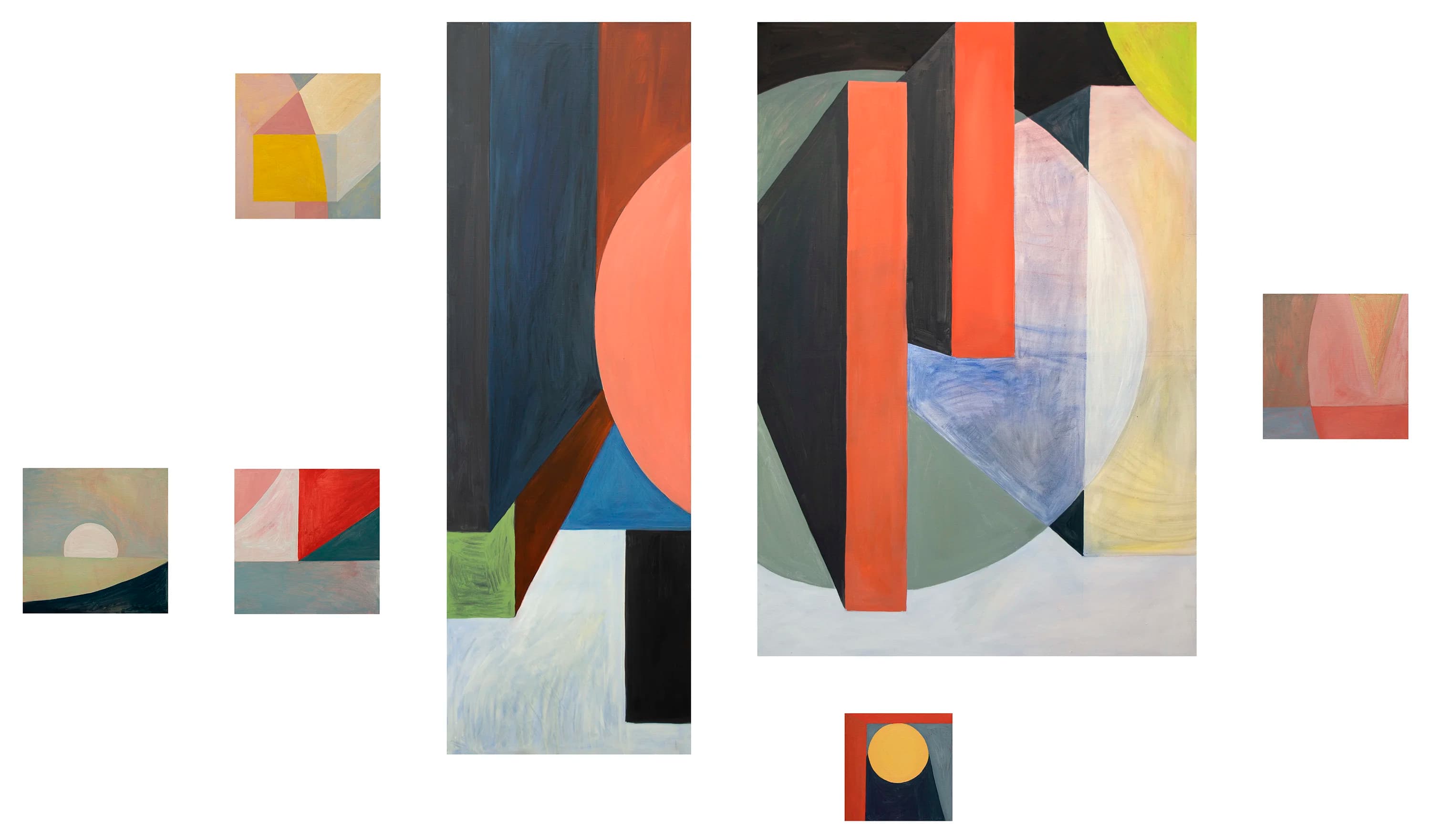 Horizontal polyptych of small oil paintings with pale geometric forms on darker grounds.
