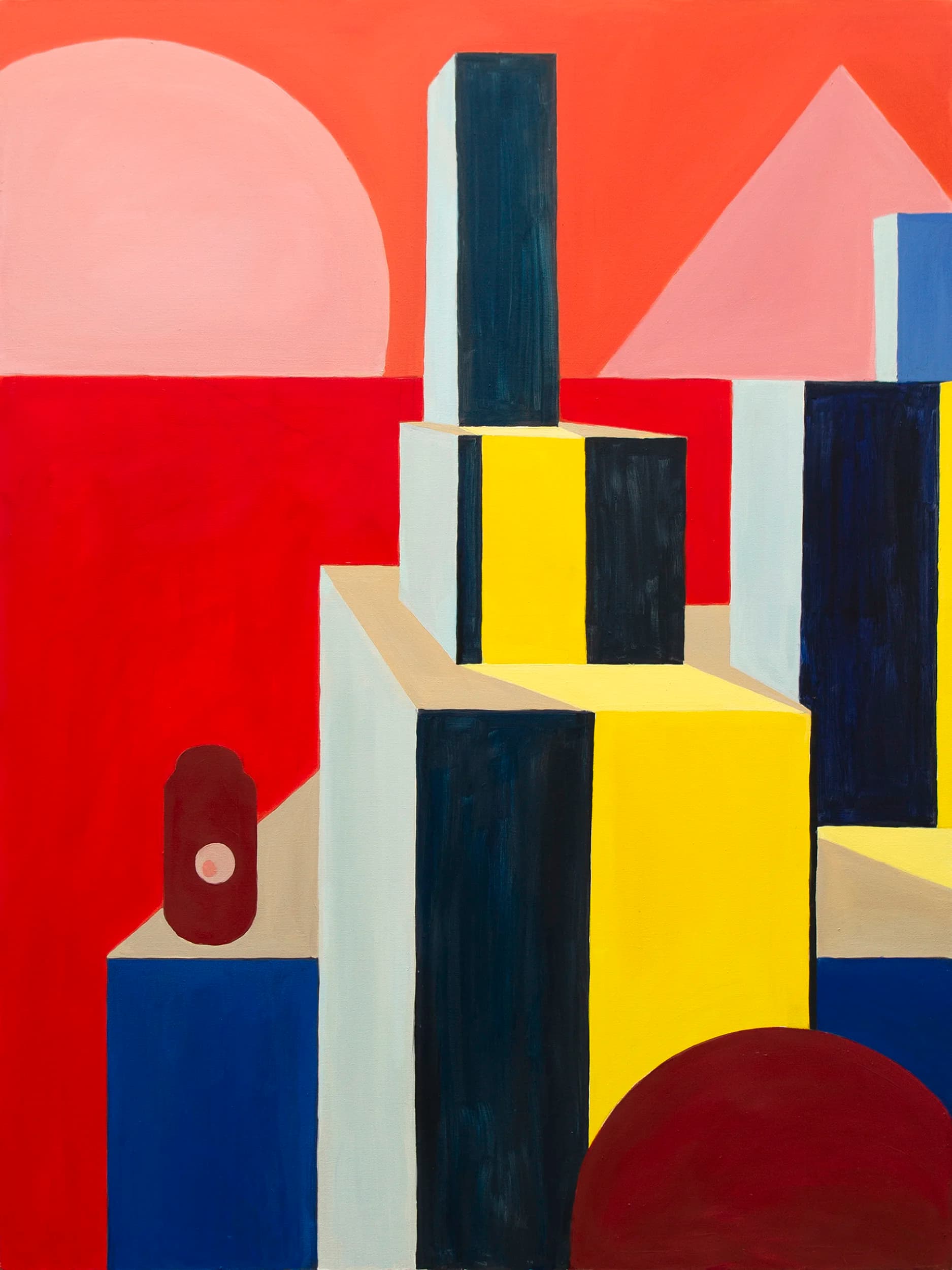 Layered landscape-like planes recede into a soft atmospheric distance.