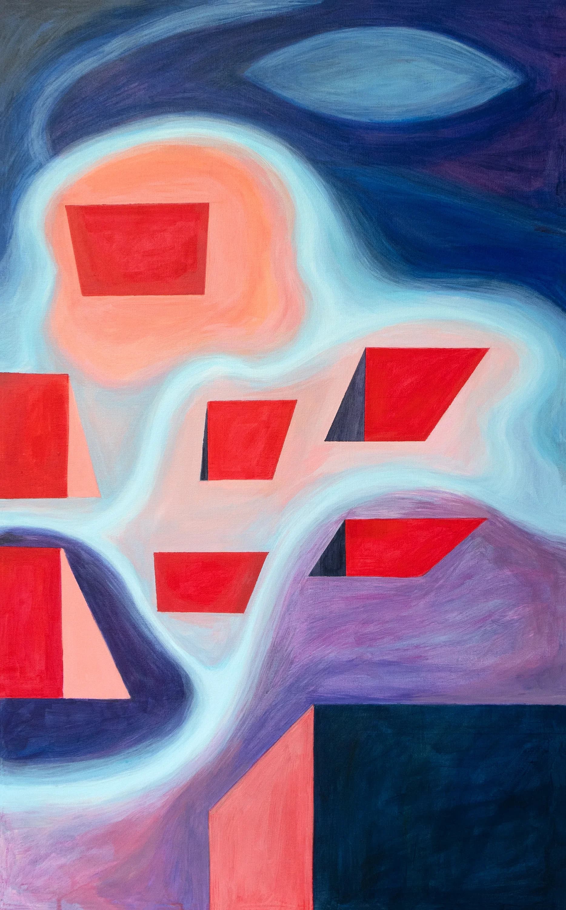 Light, irregular pink and blue forms float over a vivid warm background.