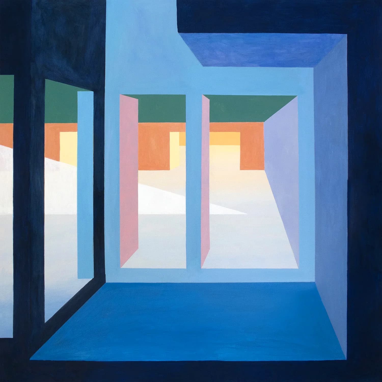 Angular pink, red, and blue architectural planes form a compact passage-like structure.